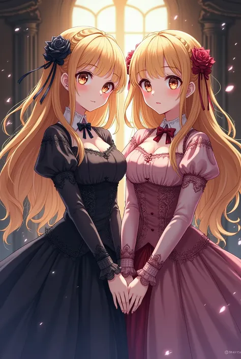 anime twin sisters with blonde hair one with brown eyes the other with brown eyes look like oc from black butler