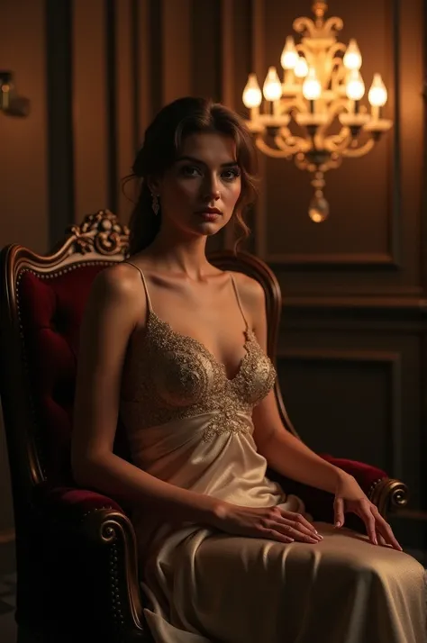 "A sophisticated woman in an evening gown, sitting on a velvet chair in a dimly lit room, with a vintage chandelier in the background, radiating elegance."
