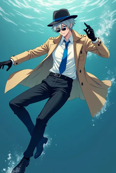 Sexy anime guy with short messy silver hair and blue eyes wearing white dress shirt , blue tie, tan trenchcoat , black trousers, black fedora, black  dress shoes, black gloves and sunglasses swimming  full body