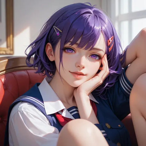 2D, masterpiece,   best quality  , anime,  Advanced Details,  1 , Alone, yuri,   purple eyes ,  purple hair,  How to do this ,  hair clip ,     school uniform, Yandere face 、  Open Legs 、