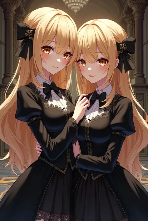 anime twin sisters with blonde hair one sister with brown eyes the other sister with brown eyes make them look like ocs from black butler