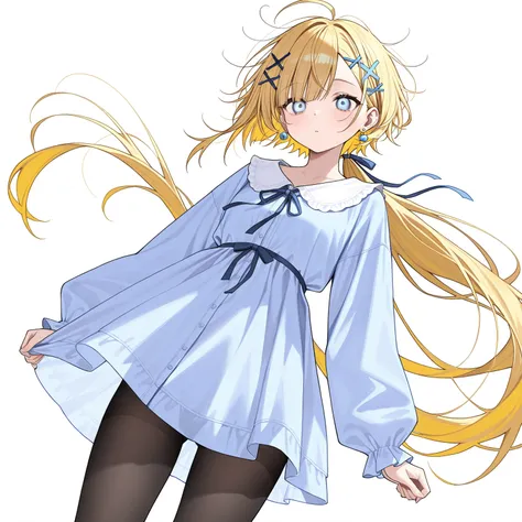  high quality
1 girl   ,    Sky Blue Eyes ,    Blonde 、   shortcut  ,     low ponytail in tights、    earrings for women   ,  Ahoge,     asymmetrical bangs  ,   x-shaped hair ornament ,  [[Sleepy eyes、   black tights、whole body、vigil、  has a white backgroun...