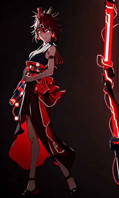 1girl,Oiran、((( Im wearing a lightsaber around my waist))),Neon light background 、