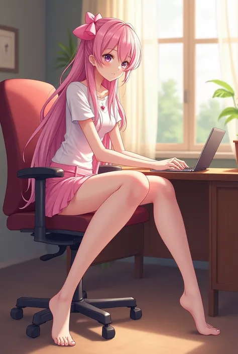 A magical girl wearing a pink miniskirt is sitting on a chair with her legs stretched out straight and resting on the desk. {{{{{Her legs are three times longer than her sitting height}}}}}. She is tall and has long legs, but she sits so low that she is so...