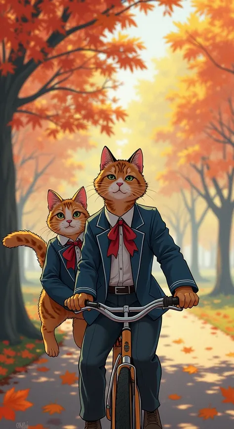 "A high school student with two anthropomorphic cats riding a bicycle in an autumn park. The male cat rides a bicycle, and the female cat sits happily in the back. The surrounding trees with autumn leaves spread out, and the ground is covered with fallen l...