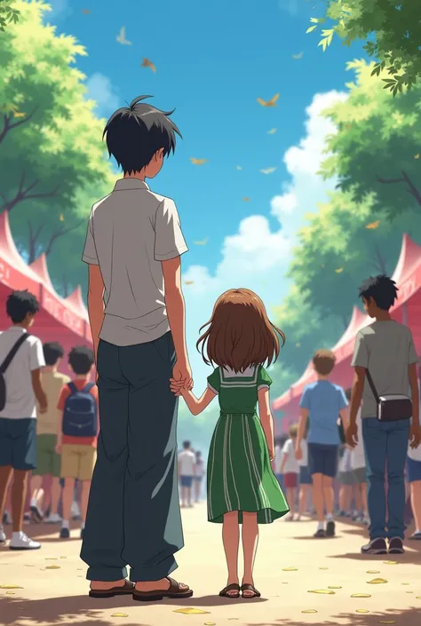 a boy and a girl the boy with slightly long straight and black hair the short girl and the tallest boy the girl with wavy brown hair the dark-skinned girl and the white-skinned boy the girl in a green dress with white stripes and the boy with a white shirt...