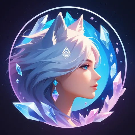 simple, chill, Logo symbol, face profile, 8 k, wolf, crystals,  logo symbol floating in a circle