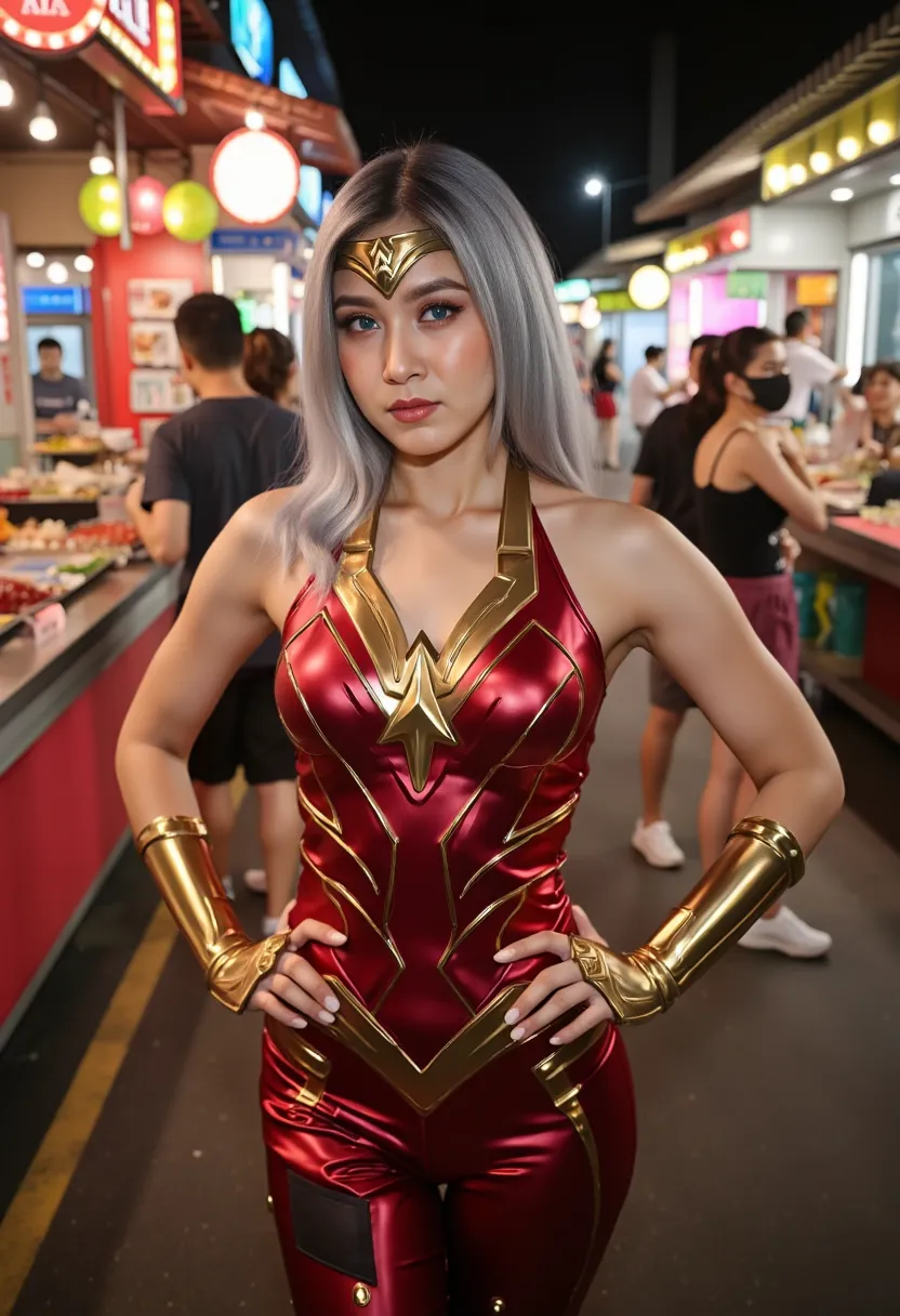 1 girl, beautiful, indonesian baby face, 20 years old, white skin, posing, ((muscles:1.3)), colossal breast, shiny red-gold wond...