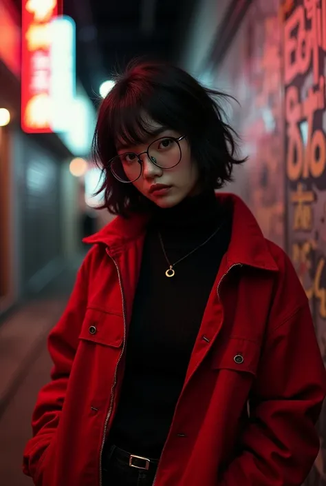  gang girl from the 90s ,  with an oversized red mens jacket , dark glasses,  Short and messy hair , y covers black .
 rebel style ,  with a mix of urban elements ,  sports and gang members ,  all in dark tones and with details from the 90s .
 challenging ...