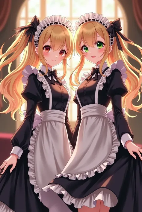 anime twin sisters with blonde hair one sister with brown eyes the other sister with green eyes make them look like ocs maids from black butler