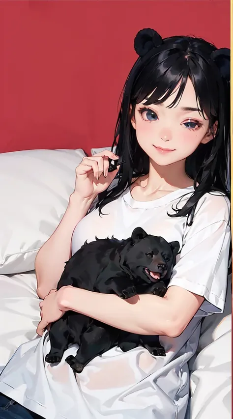 flat color,cuteblack hairblack bear ears greend eyes on bed oversized shirt sleepy smiling long black hair