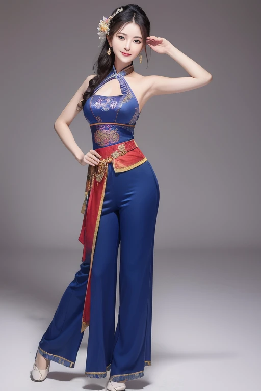 The woman is wearing an ancient dance costume, including a full-length halter top blouse, and chiffon trousers on the bottom. She is an oriental beauty with a very Chinese style. The costume is very Song Dynasty style. She has her back to the woman, her pa...