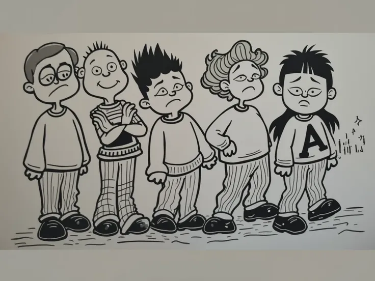 "Create a black-and-white cartoon-style illustration featuring a group of seven unique characters standing in a line. Each character should have a distinct and exaggerated facial expression, such as sadness, surprise, anger, and mischief, to convey a playf...