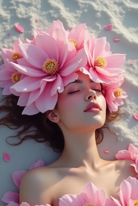  busy woman lying on the beach with a pink flower, sheep, digital art image, sensual digital painting, pintura a óleo digital airbrush, second life avatar, digital airbrush art ,  her face is a mauve flower ,  inspired by Allan Linder , beautiful and stunn...