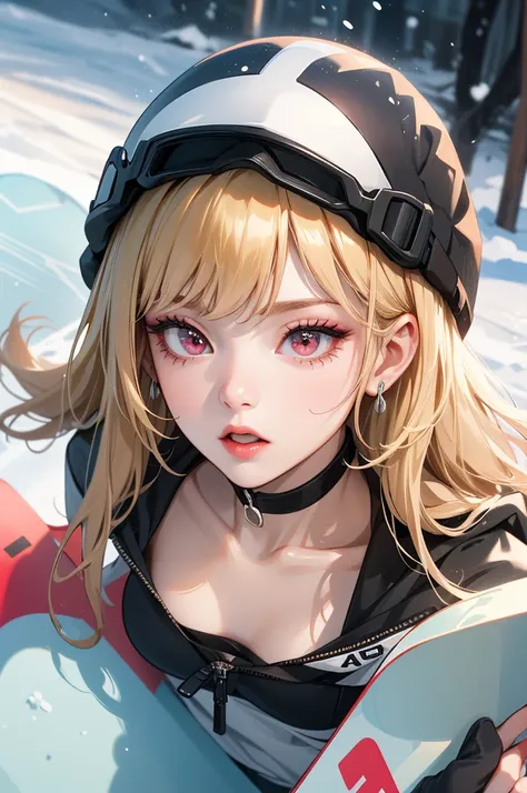 kitagawa marin, (red eyes), (Blonde hair), 
(((A girl is snowboarding down a slope:1.2))), 
1 girl, Attractive woman, Sexy and beautiful woman, Celebrity Women, Clear skin, Small face, (((slender))), Whitening, 
long hair, curvy hair, wave hair, sexy choke...