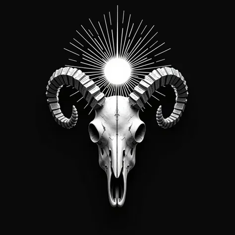 Skull of a Capricorn , With a crown of the sun on her head. black and white image.