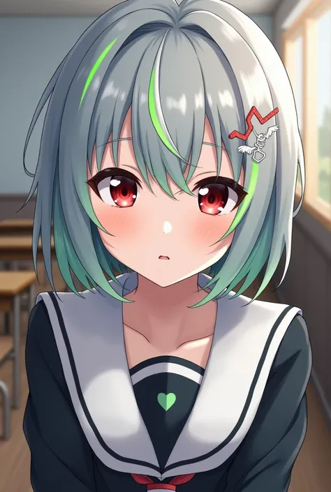  An attractive anime-style junior high school student with short gray hair 　White Hair　 short bob　Red eyes　Small eyes　uniform　White heart hairpin on bangs　 Only Part of the Forelock is Fluorescent Green Part of the Bangs is Fluorescent Green Classroom