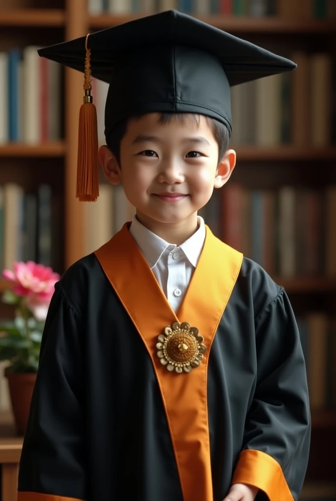 Professional photography features a  young male toddler with asian face,  wearing a graduation outfit complete with a toga with a mother  ( woman in hijab 35 years old asian face ), and the poor father  ( 40 year old man asian face ),  posing in focus in f...