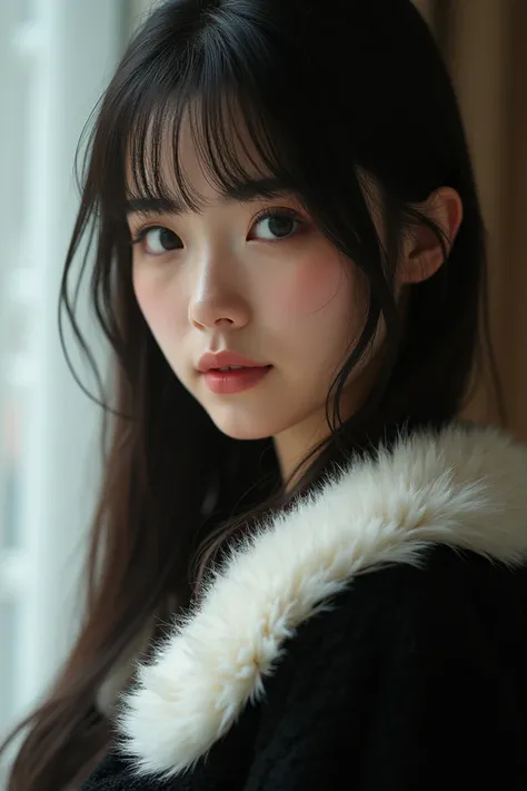 a beautiful girl ! The most beautiful of all ..  she has a beautiful and very attractive body ,  she wears clothes made of thick and fluffy material in black and white colors,  her hair is straight with a fringe that falls into the shade 