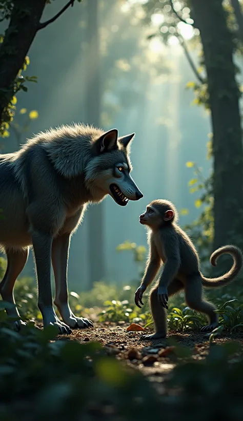 Here’s a detailed prompt for generating a realistic image of an intense encounter between a wolf and a monkey:


---

"A dramatic and intense scene in a dense jungle during twilight, where an angry wolf and a defiant monkey are facing each other. The wolf,...