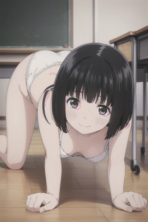 Alone,  1 girl,  Viewers, 2D, Anime, Anime coloring,  black hair、 short bob,whole body,Small breasts、 (classroom:1.3), Kogma,  cute white bra with hands on blackboard、Cute white panties、blush,smile、 are on all fours on the floor、Backwards、look back、Show yo...