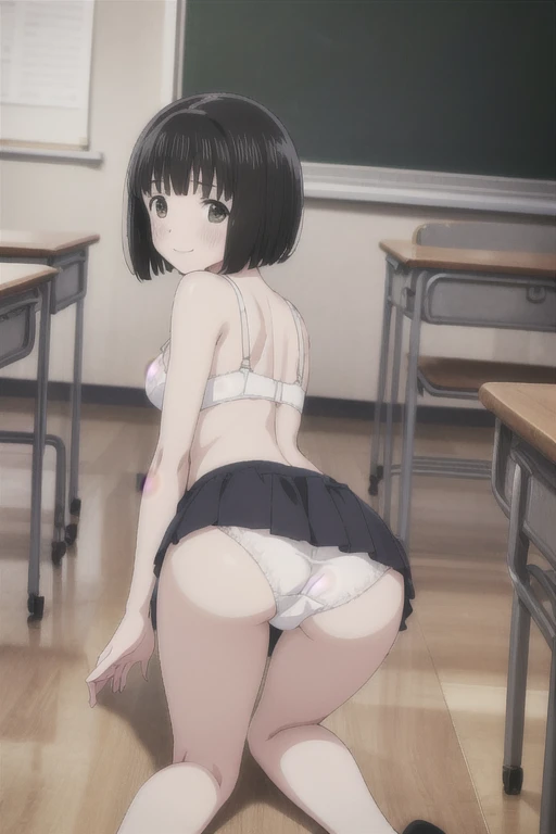 Alone,  1 girl,  Viewers, 2D, Anime, Anime coloring,  black hair、 short bob,whole body,Small breasts、 (classroom:1.3), Kogma,  cute white bra with hands on blackboard、Cute white panties、blush,smile、 are on all fours on the floor、Backwards、look back、Show yo...