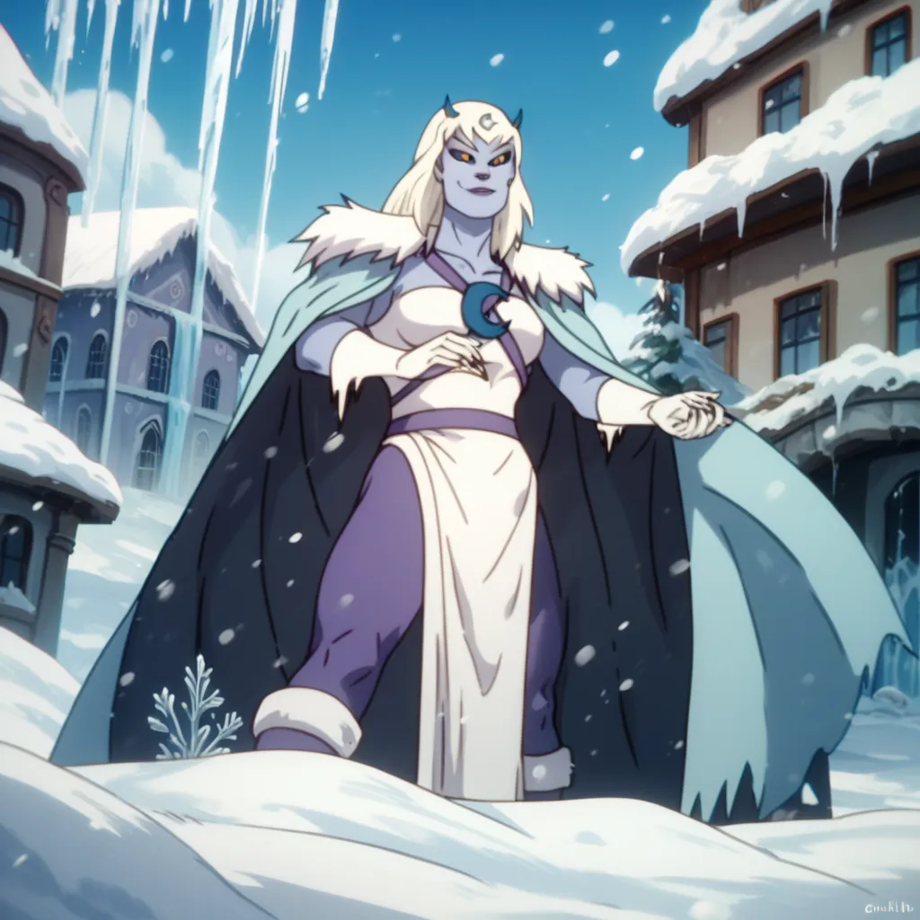 chilla, thundercats, icicles, standing, cape, smile, colored skin, white hair, long hair, solo, snow, city, black sclera, cape c...