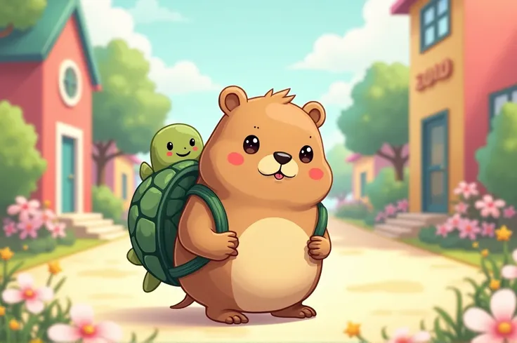 Cute and cuddly Capybara goes to school carrying a small backpack in the shape of a turtle kawaii illustration 