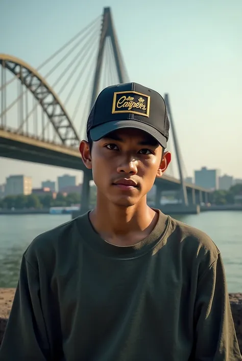 A young man trucker hat. Background of Ampera Bridge Palembang South Sumatra