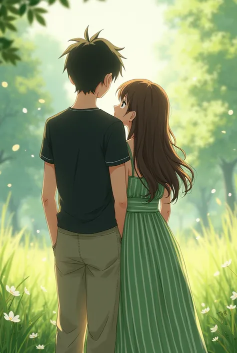 a boy and a girl the boy with slightly long black hair the girl with long wavy and brown hair the boy taller than the girl the girl in a green dress tied with white stripes the boy with wide pants and a black shirt outside adult anime couple