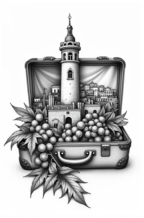  Create a black and white illustration ,  in tattoo style ,  representing Portugal inside a suitcase .  Include iconic elements such as the Belém Tower , The Electric 28 ,  o Galo de Barcelos ,  a bunch of grapes ,  decorative Portuguese tiles and the Port...