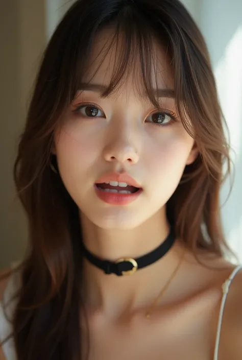 Highest quality, Bright interior,Japanese Idols, Straight Long Hair、bangs、Award-winning photo, Very detailed, Edge Orgasm, Face Focus, (Woman with open mouth and closed eyes ), 18-year-old、Brown Hair、 News anchor、Glowing Skin、Bedroom, Black choker、Upper bo...