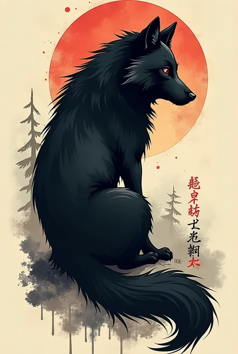 A tattoo on paper of a black wolf looked from its side in a modern Japanese style