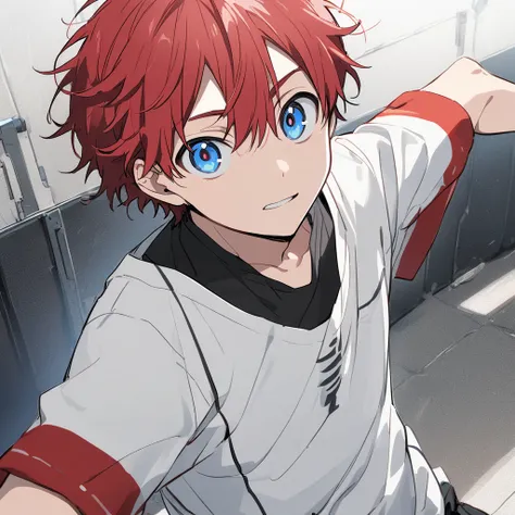 anime young adult boy, red hair, blue eyes, white short sleeved shirt, black shorts, black slip-on sandals