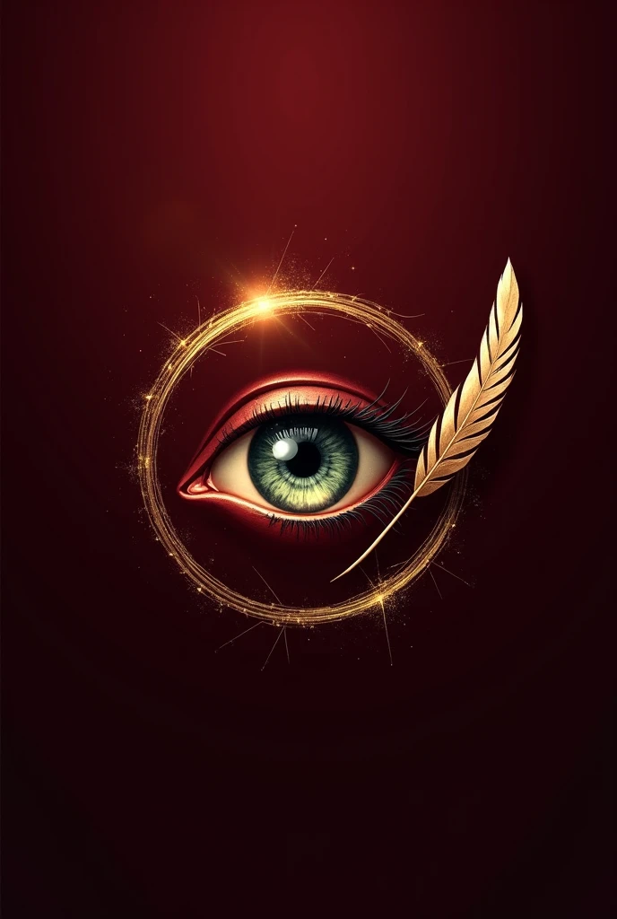 Create a logo with an eye around a circle and a quill at the lower beside the eye from the name "verse and vision" Make the color dark red and gold