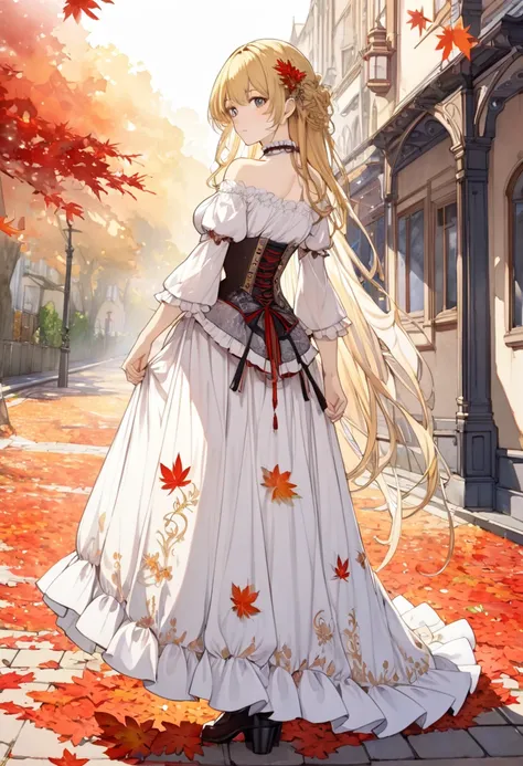 (((nsfw)))、 (((watercolor))), (((gothic))),      tree々Woman standing on a street surrounded by   、 A fascinating scene  ,    Decorated with hair ornaments  、    pose is medium length   ,        wavy blonde hair  ..。.。Super mini skirt with frills, s express...