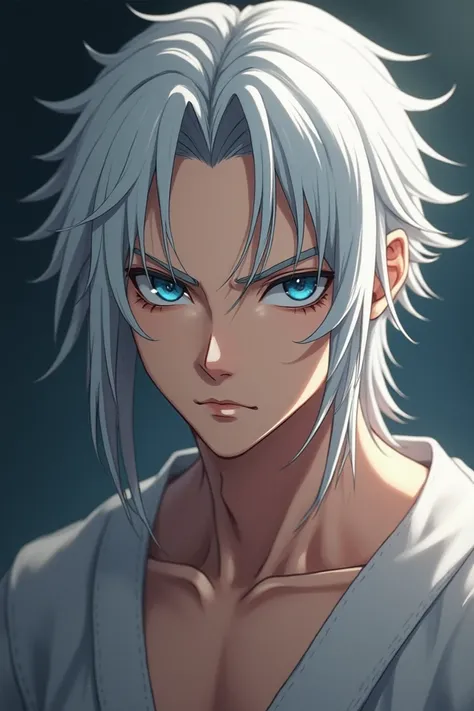 A young and Japanese man, with blue eyes, light skin,  long white hair,  serious expression ,  Muscular body 