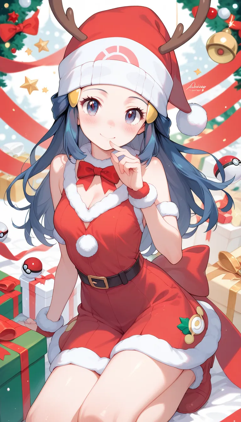 character pokemon dawn,  girl,  red-nosed reindeer costume, cute image, christmas cover, saturated colors, friend , pokemon desi...