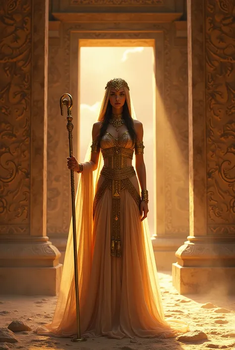 Desert queen standing at the entrance of a hidden underground temple, illuminated by torches. She holds a golden staff in her hand, her gown made of shimmering fabrics that resemble the colors of the desert at dawn. Her eyes reflect the knowledge of centur...