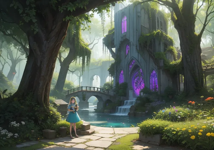 A whimsical "Alice in Wonderland"-style go-green campaign scene unfolds in a fantastical garden brimming with oversized plants and surreal colors. Towering mushrooms in hues of teal and violet create natural arches, while twisted vines with glowing leaves ...