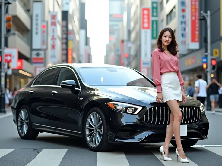  black Mercedes-Benz EQS45  ，   very beautiful Japanese woman  (Age 25， slender， brown hair，  Take a picture of big breasts ，  sexy pose ，smile，The gaze is this)， standing in a model pose with her back to EQS45、 she is a Japanese supermodel  ，（ pink silk b...