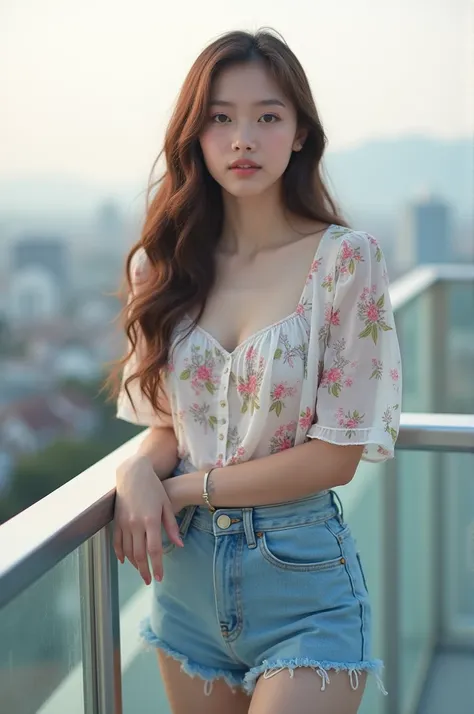 Prompt : Young woman leaning against a contemporary railing, captured in soft, natural light. She wears a delicate, pastel floral blus paired with high-waisted denim shorts, exuding a casual yet trendy vibe. Her long, wavy hair cascades gracefully over her...