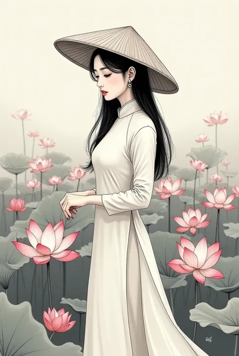 a sketching model contains A girl wearing Ao Dai, Non La and a lotus field around