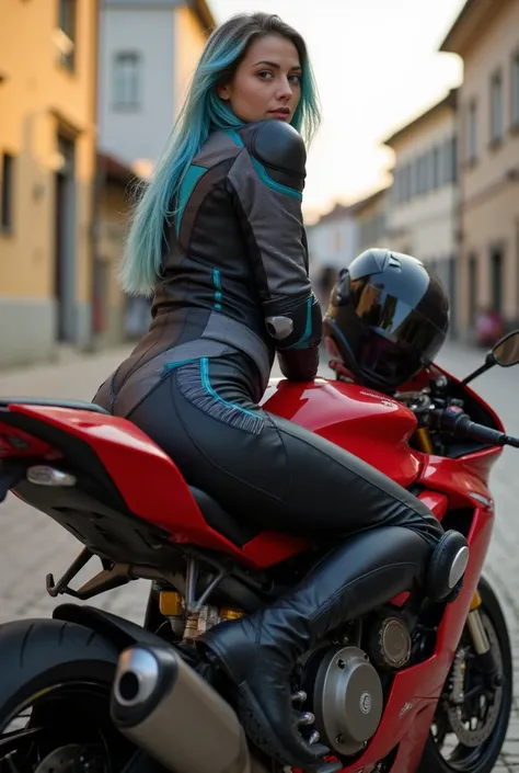 A beautiful 35-year-old woman with fair skin sits confidently on a powerful Ducati Panigale V4 R motorcycle, known for its aerodynamic and sporty design, in scarlet red with matte black and metallic silver details. The scene is set in a beautiful and typic...