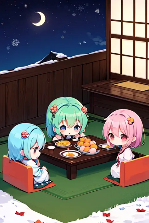 Cirno group (touhou) On a snow-covered winter night, many Cirno are eating tangerines at the kotatsu., (((yukkuri))), (((chibi))), (((head only))) (yukkuri shiteitte ne:1.4), yukkuri