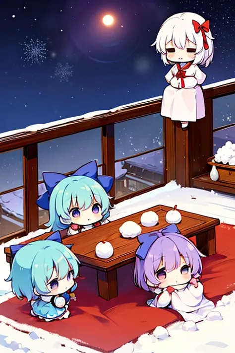 Cirno group (touhou) On a snow-covered winter night, many Cirno are eating tangerines at the kotatsu., (((yukkuri))), (((chibi))), (((head only))) (yukkuri shiteitte ne:1.4), yukkuri