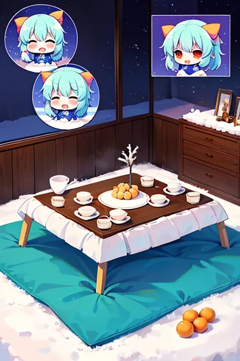 Cirno group (touhou) On a snow-covered winter night, many Cirno are eating tangerines at the kotatsu., (((yukkuri))), (((chibi))), (((head only))) (yukkuri shiteitte ne:1.4), yukkuri