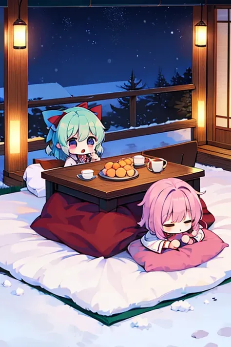 Cirno group (touhou) On a snow-covered winter night, many Cirno are eating tangerines at the kotatsu., (((yukkuri))), (((chibi))), (((head only))) (yukkuri shiteitte ne:1.4), yukkuri