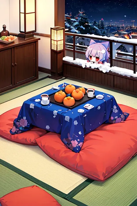 Cirno group (touhou) On a snow-covered winter night, many Cirno are eating tangerines at the kotatsu., (((yukkuri))), (((chibi))), (((head only))) (yukkuri shiteitte ne:1.4), yukkuri