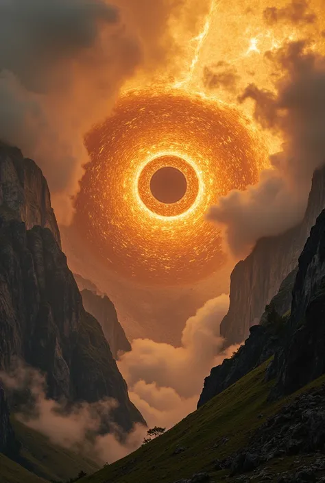 Majestic, colossal eye emerging from the mountainside, glowing with fiery golden light, surrounded by a mist of clouds，high details, masterpiece, 16k